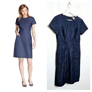 Brooks Brothers Denim A-Line Dress Blue Cotton Stretch Patch Pockets Size 2